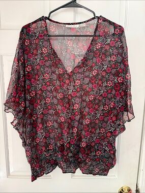 Rebellion Black & Pink Floral Sheer V-Neck Blouse